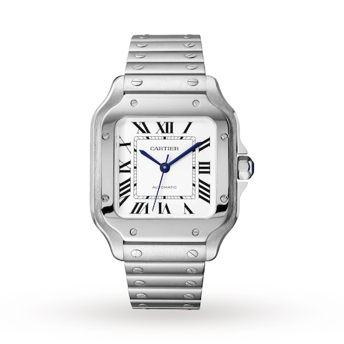 Santos De Cartier Watch Medium Model, Automatic Movement, Steel, Interchangeable Metal And Leather Bracelets